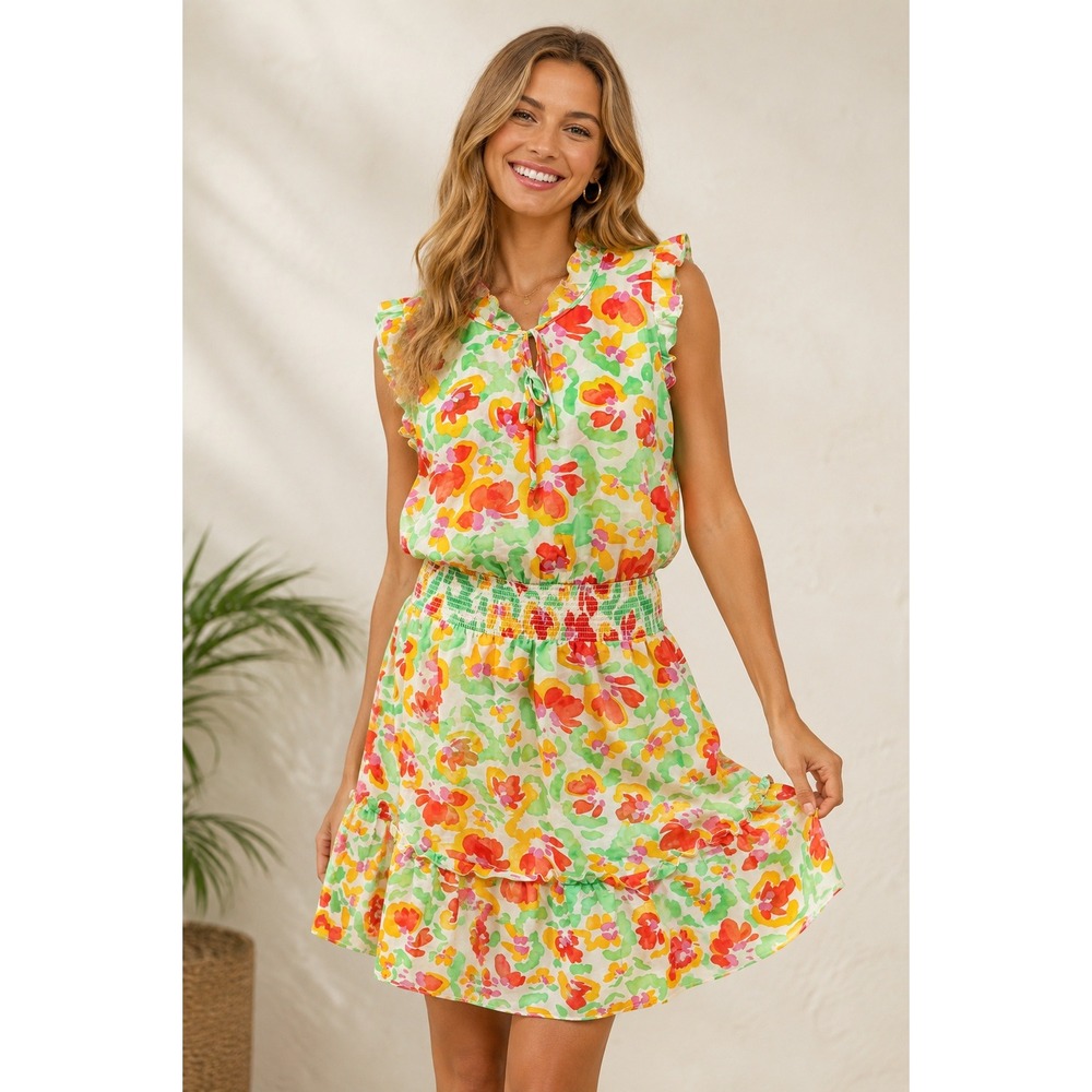 Cabi Floral Spring Wedding Guest Dress Women Large‎ Tropical Ruffle Tie Neck